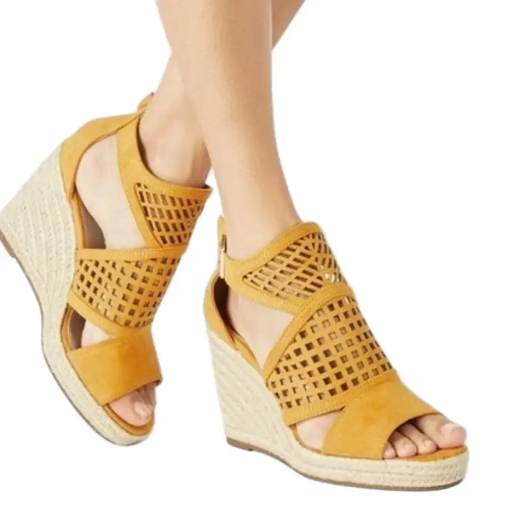 JustFab Mabel Yellow Espadrille Wedge Sandals Size 6.5 Platform Ankle Strap